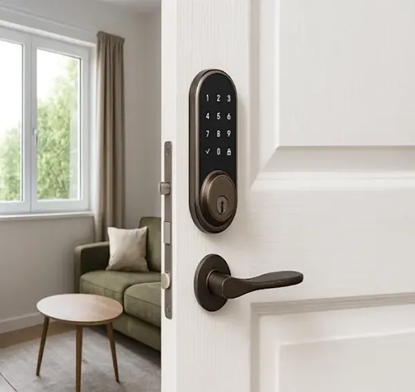 Smart door lock with keypad on white door, leading to modern living room.